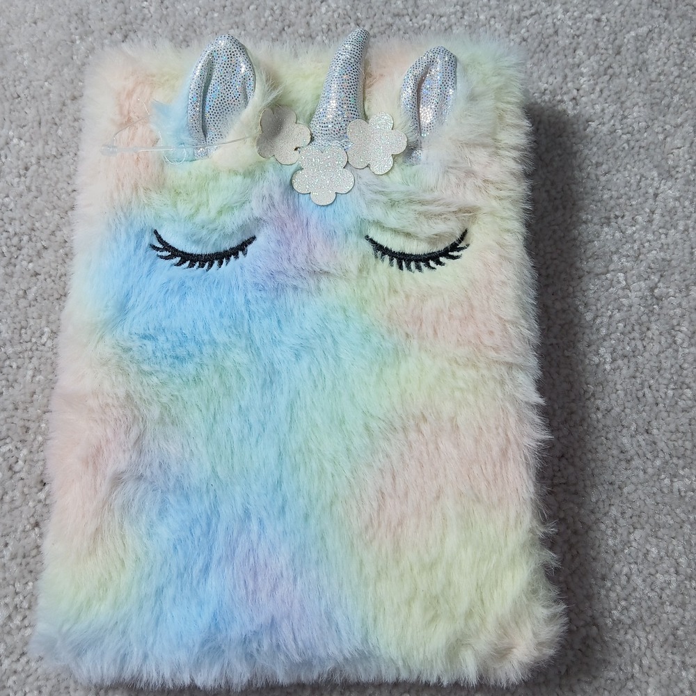 Girls Tie Dye Fuzzy Unicorn Plush With 3D Ears And Horn Lined Notebook NWOT